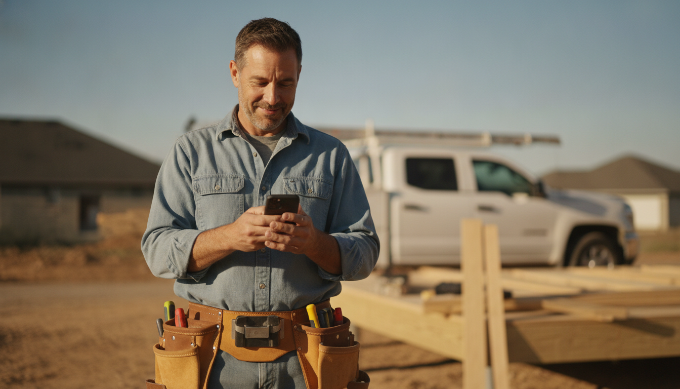Contractor checking his phone on site